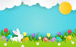 © Farosofa - Happy Easter Background Vector illustration. White rabbit and easter eggs in spring meadow on blue sky background. Paper art style