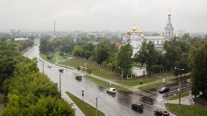 Daugavpils Borisoglebskiy Orthodox Cathedral, Latvia. Church with golden domes.