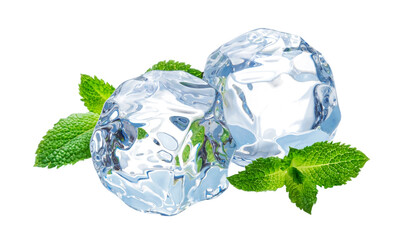 Wall Mural - ice cubes with mint leaves isolated on white background