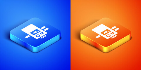 Wall Mural - Isometric Gas boiler with a burning fire icon isolated on blue and orange background. Square button. Vector