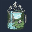 Nature camping landscape print. Outdoor terrain with mountain, waterfall in mug for t-shirt design. Beautiful adventure, wanderlust or explore