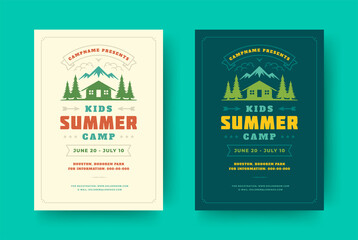 Wall Mural - Kids summer camp poster or flyer event retro typography design template and forest lanscape and tent background