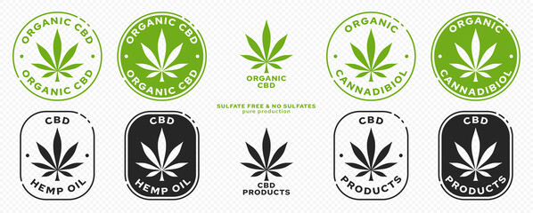 Conceptual stamps for packaging pharmaceutical, medical, cosmetic products. Cannabis extract with plant leaf and ingredient line. Vector elements.