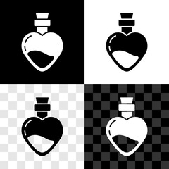 Poster - Set Bottle with love potion icon isolated on black and white, transparent background. Valentines day symbol. Vector