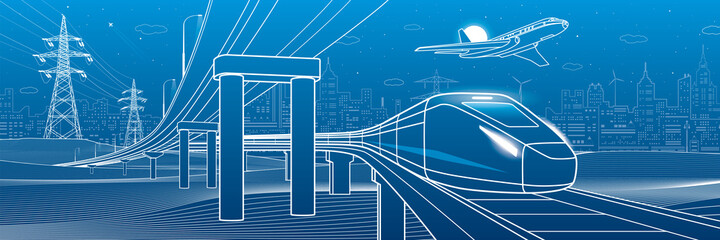 Wall Mural - Outline road bridge. Car overpass. Train rides. Airplane fly. City Infrastructure and transport illustration. Urban scene. Vector design art. White lines on blue background