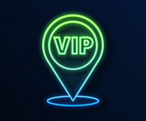 Wall Mural - Glowing neon line Location Vip icon isolated on blue background. Vector