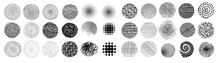 Set Of Abstract Vector Halftone Stains. Black Blots Made Of Round Particles. Modern Illustration With Dark, Murky Spots. Splattered Array Of Dots. Gradation Of Tone. Elements Of Design.