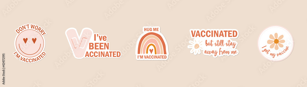 hand drawn icon or web button in bohemian colors with text I am vaccinated.  I got my coronavirus vaccine badge. I'm covid-19 vaccinated label sticker.  vector illustration. end of pandemic concept - obrazy, fototapety, plakaty 