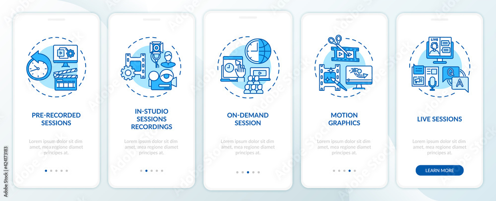 Remote event content onboarding mobile app page screen with concepts. Recorded, live meetings walkthrough 5 steps graphic instructions. UI, UX, GUI vector template with linear color illustrations - obrazy, fototapety, plakaty 