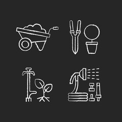 Sticker - Garden accessories chalk white icons set on black background. Wheelbarrow. Pruning shears. Weed puller. Hosepipe with sprayer nozzle. Hand-propelled vehicle. Isolated vector chalkboard illustrations