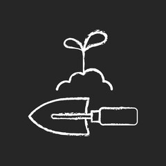 Sticker - Hand trowel chalk white icon on black background. Digging small holes. Smoothing soil. Hand shovel. Spring bulb, perennial planting. Transplanting seedlings. Isolated vector chalkboard illustration