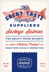 Canvas Print - Great Taste Fish Suppliers Abstract Vector Rustic Packaging Label Design. Retro Typography and Hand Drawn Sockeye Salmon Silhouette Vintage Background Layout. Isolated