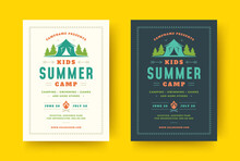 Kids Summer Camp Poster Or Flyer Event Retro Typography Design Template And Forest Lanscape And Tent Background