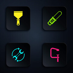 Sticker - Set Clamp and screw tool, Putty knife, Wrench arrows as workflow and Chainsaw. Black square button. Vector