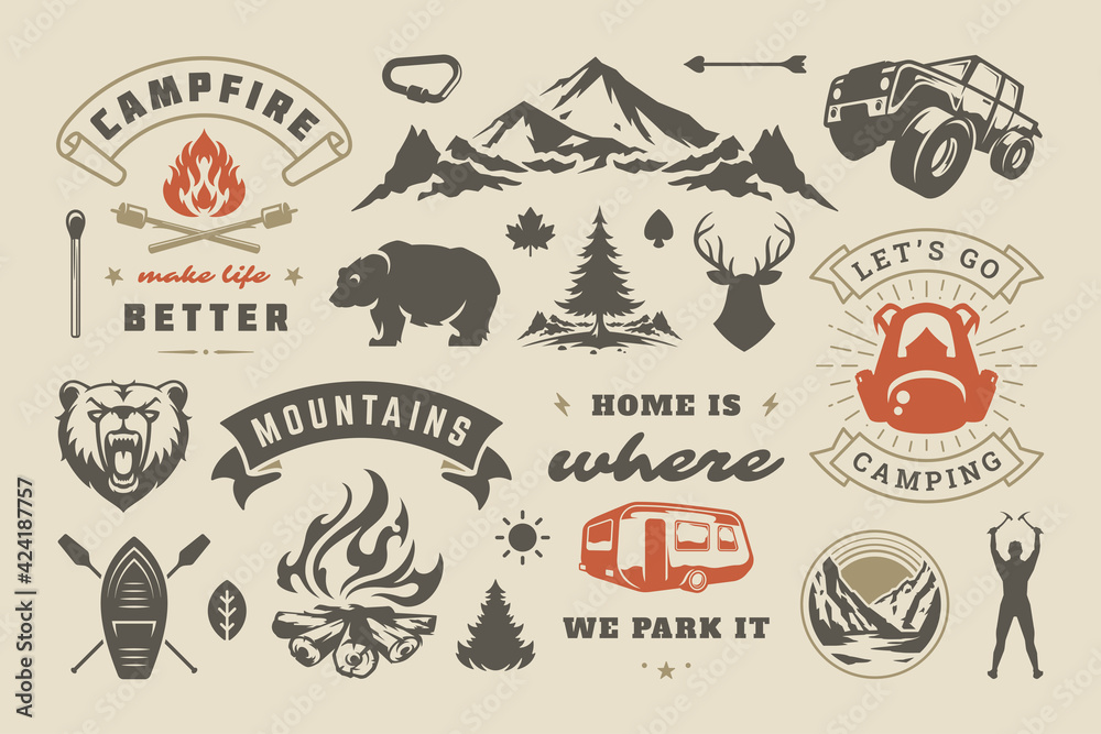 Summer camping and outdoor adventures design elements set, quotes and icons vector illustration. - obrazy, fototapety, plakaty 