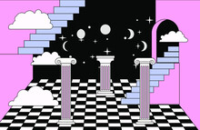 Surreal Vaporwave Room Interior With A Checkerboard Floor, Pillars And Stairs. Trendy Pop Art Psychedelic Style Illustration.