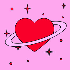 Poster - A heart with a ring around it that looks like the planet Saturn. Minimal illustration for a flash tattoo or sticker.