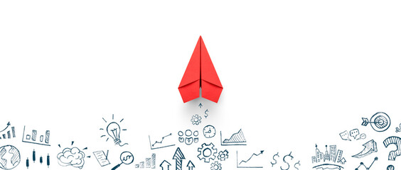 Wall Mural - Red paper plane and business strategy on white background, Business success, innovation and solution concept