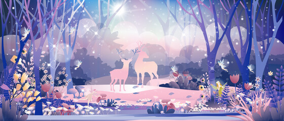 fantasy cute little fairies flying and playing with reindeers family in magic forest at christmas ni