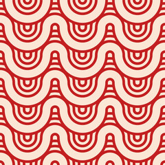 Wall Mural - Abstract seamless. Seamless braided linear pattern, wavy lines. Endless striped texture with winding elements. Red lines on beige background. Vector geometric color background.