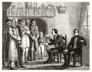 Wall Mural - Joseph Smith reading indoor the Book of Mormon to his first adepts. Ancient grey tone etching style art by David, Le Tour du Monde, 1862