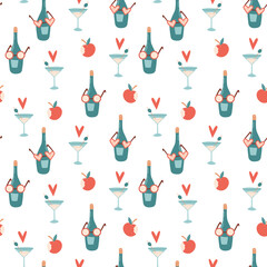 Poster - Seamless summer pattern with cocktail, apple, sunglasses, bottle and heart. Vector illustration for fabric, wrapping paper, wallpaper, textile, background