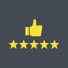 Wall Mural - Thumb up and five stars rating. Vector illustration flat.