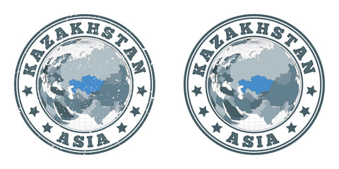 Wall Mural - Kazakhstan round logos. Circular badges of country with map of Kazakhstan in world context. Plain and textured country stamps. Vector illustration.