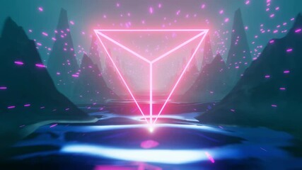 Wall Mural - 4k video animation of a seamless loop between beautiful sci-fi mountain and river landscape with neo