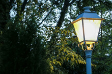 A White Lamppost Of Warm Light Among Green Trees And Green Plants In The Evening Of A Summer Day
