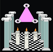 Surreal Vaporwave Landscape With A Checkerboard Floor, Ancient Columns And The All-seeing Eye In A Triangle. Trendy Occult Psychedelic Style Illustration.