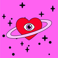 Poster - A heart with a ring around it that looks like the planet Saturn. Minimal illustration for a flash tattoo or sticker.