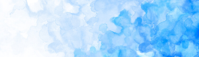 Pastel light blue watercolor painted background, gradient white and blue blotches and blobs of paint on watercolor paper texture grain, abstract blue painting