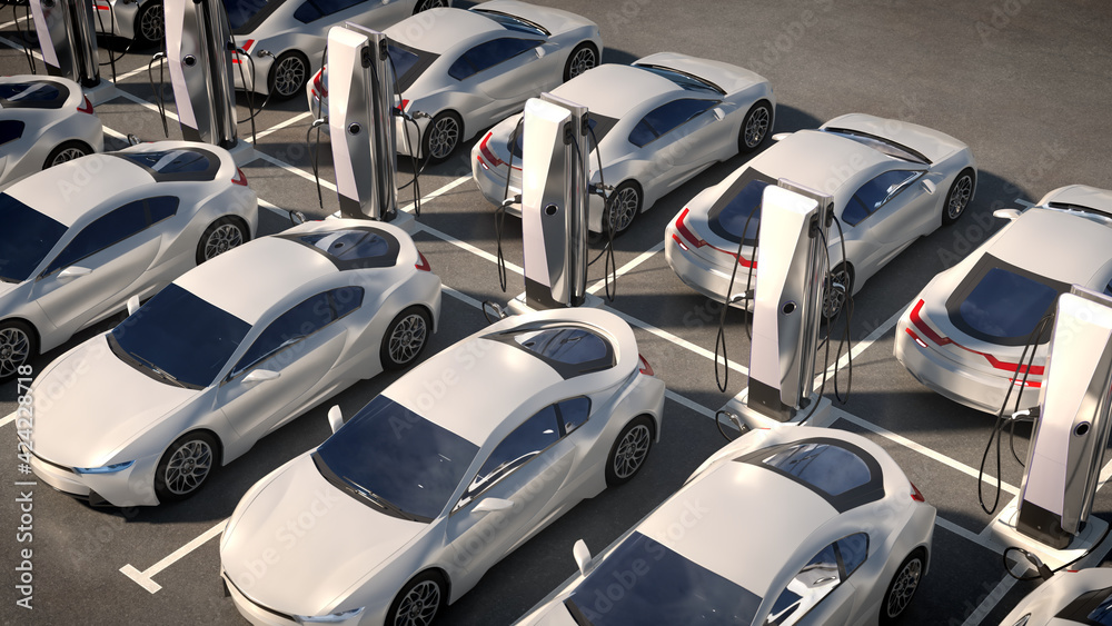 Parking electric cars. Charging stations, fast charging cars. 3d illustration - obrazy, fototapety, plakaty 