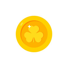 Gold Coin. St.Patrick S Day. Irish. Shamrock. Lucky. Vector Illustration Isolated On White Background. Editable Elements And Highlights. Playing At The Casino. Rich EPS 10