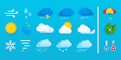 cartoon flat icons on isolated background. set of vector paper cut weather icons. icons for sunny, c