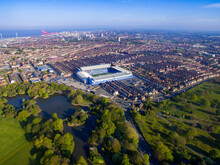 Everton Football Club - Taken From Above With View Over The Stanley Park, Everton, Walton, Kirkdale Areas. Cloudless Blue Sky On A Non Match Day. 