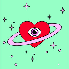Poster - A heart with a ring around it that looks like the planet Saturn. Minimal illustration for a flash tattoo or sticker.