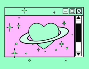 Poster - A heart with a ring around it that looks like the planet Saturn and retro user interface window.