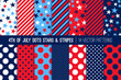 4th of July Fireworks Polka Dots, Stars and Stripes Vector Seamless Patterns. Red, White, Blue Patriotic Backgrounds. Pattern Tile Swatches Included.