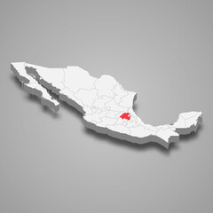 Hidalgo region location within Mexico 3d map