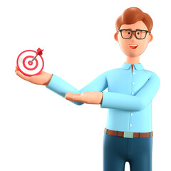 3D illustration of joyful man holding a modern target with a dart in the center and showing arrow in bullseye. Cartoon businessman reaching goals. Objective attainment, business purposes.
