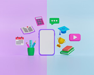 Wall Mural - Online Education, learning concept with a smartphone. minimal design. 3d rendering