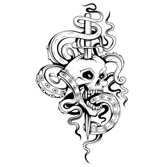 Wall Mural - Kraken sea monster tattoo. Sea dagger. Skull open mouth drawing. Emblem tattoo skull. Retro human skull and jaw. Vector graphics to design