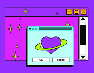 Poster - A heart with a ring around it that looks like the planet Saturn and retro user interface window.
