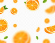 Orange fruits falling on transparent background. Blurred orange slices and green leaves for advertising. Vector realistic