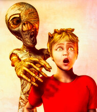 Curse Of The Mummy Rising From The Dead To Reach Out And Touch A Young Man On His Head And Shoulder. Humor