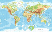 World Map And Poles - Physical Topographic - Vector Detailed Illustration