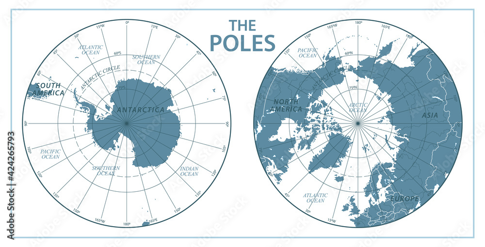 The Poles - North Pole and South Pole - Vector Detailed Illustration. Gray and White - obrazy, fototapety, plakaty 