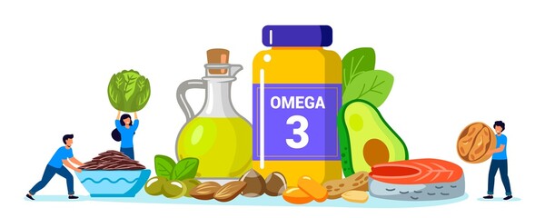 Omega 3 fat concept Tiny people take products and vitamins with polyunsaturated fatty acids Animal and vegetable sources of omega-3 acids Natural organic nourishment Food supplement and health care